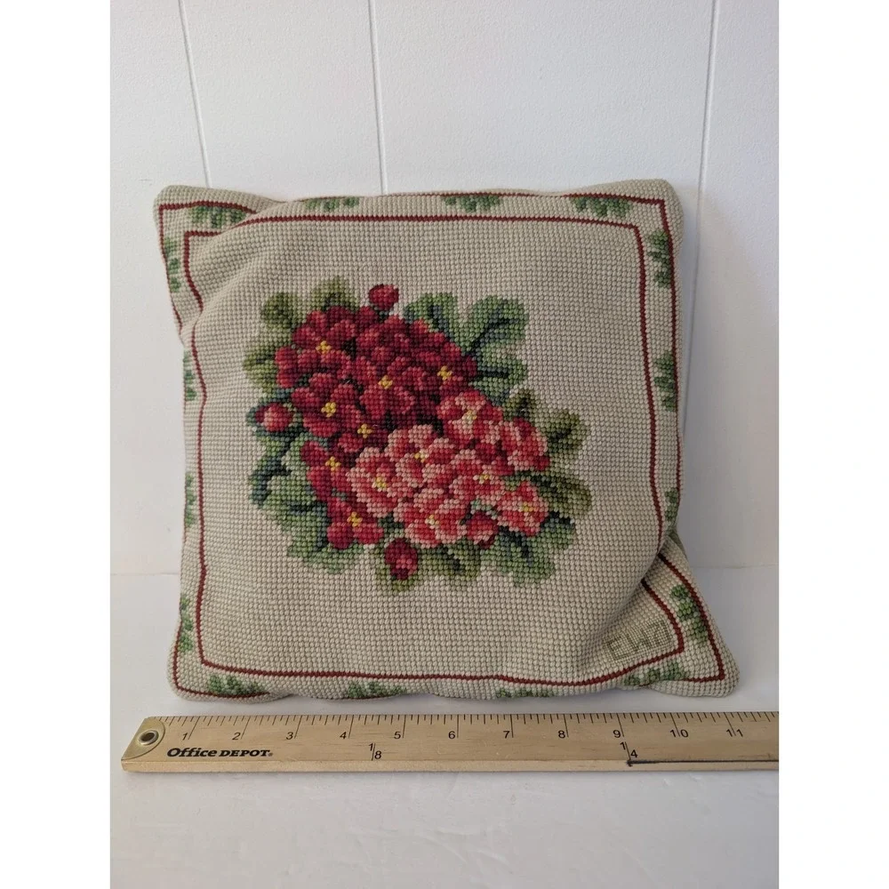 VTG Wool Needlepoint Petit Point Embroidered Floral Pillow Handmade Hydrangea 11